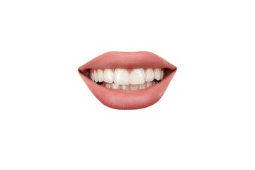 Smiling. Close up view of female mouth wearing nude lipstick over white studio background. Copyspace for insert your ad. Emotions, expression, beauty, fashion, style concept. Cut-out for pattern.