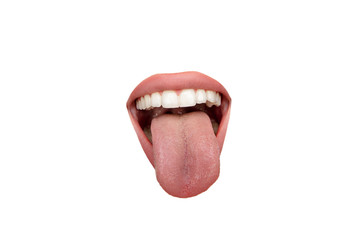 Tongue sticking. Close up view of female mouth wearing nude lipstick over white studio background....
