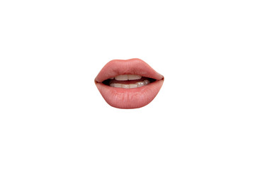 Seductive. Close up view of female mouth wearing nude lipstick over white studio background....