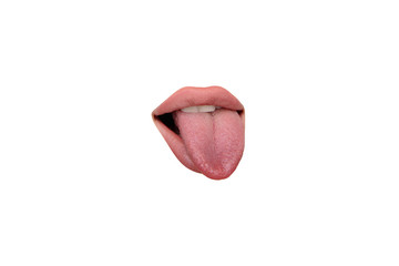 Tongue sticking. Close up view of female mouth wearing nude lipstick over white studio background....