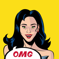 retro black hair woman cartoon with omg bubble vector design