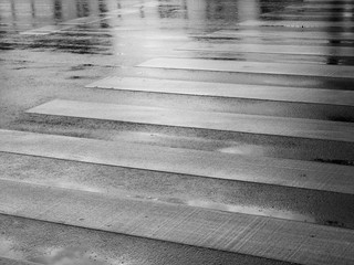 wet asphalt road with line of crosswalk after rain