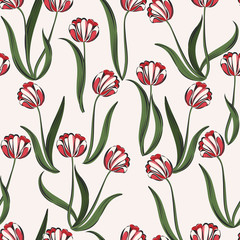 Seamless retro 1940s pattern in flowers of cute tulips. Vintage floral background for textile, wallpaper, pattern fills, covers, surface, print, gift wrap, scrapbooking, decoupage.
