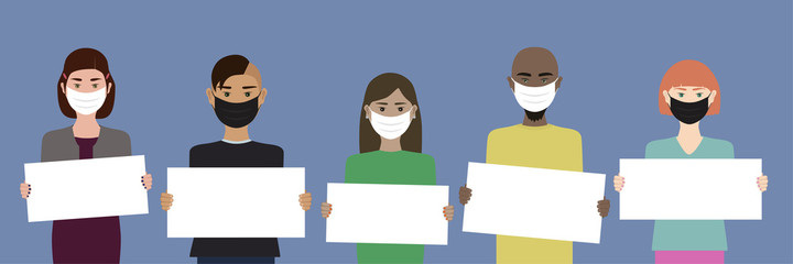 Fototapeta premium Young people wearing face mask demonstrate against covid-19 restrictions cartoon characters isolated vectors