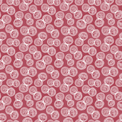Watercolor seamless pattern with a circles in burgundy color palette. Abstract raster texture. Science background.