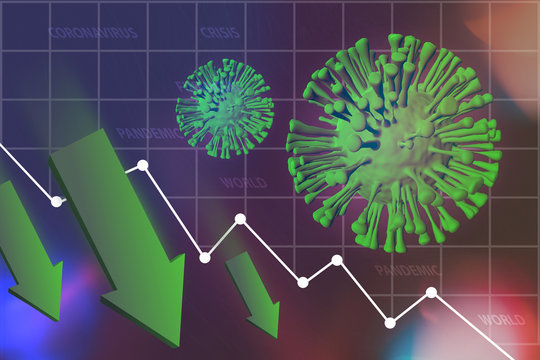 Coronavirus covid-19 pandemic impact on global economic recession, financial crisis, stock market crash, world economy decrease, unemployment. Corona virus flu cells, shutdown charts collapse 3D image