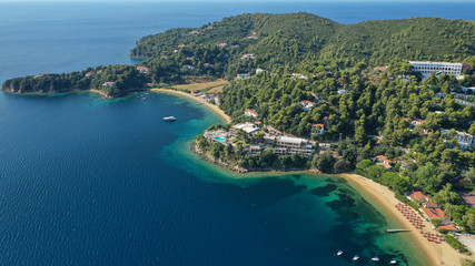 Fototapeta premium Aerial drone photo of famous seaside area and bay of Kanapitsa with many beautiful secluded sandy beaches, Skiathos island, Sporades, Greece
