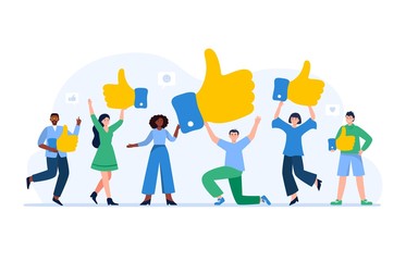 Customer review rating. People give review ratings and feedback. Multiethnic men and women evaluating product, service. Flat vector illustration. 