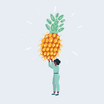 Vector illustration of woman, stand with pinaple on white background.