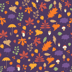Obraz premium Autumn pattern. Seamless pattern. Bright autumn leaves, branches, berries and mushrooms, clouds against a purple background. For autumn decoration and design, packaging and printing. Vector