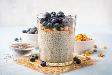 Chia pudding with fresh blueberries and granola in glass on concrete background