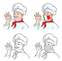 Vector illustration of a chef. Pleasant smiling Italian chef and pizza master, with mask and without mask.