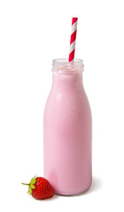 cold strawberry smoothie with fresh berries in a glass bottle on a white background