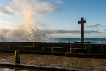 Big high tide and big waves on the Chaussée du Sillon in Saint Malo, Brittany, France