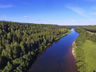 Ukhta river and blue sky, Komi Republic, Russia.