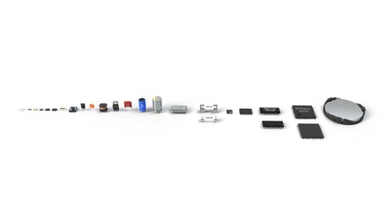 sorted computer electronic components. 3d illustration, suitable for repair, computer and electronic themes.