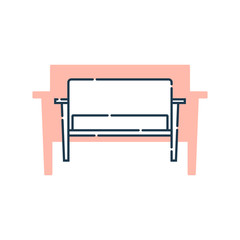 Comfortable sofa with one pillow. Flat illustration with settee on shape background. Modern stylish object for relaxation. Image of couch in line art style. Element furniture of the interior