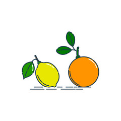Whole orange and lemon fruit isolated on white background. Organic product. Bright summer harvest illustration. Flat style illustration for any design. Fresh slice citrus icon