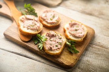 Traditional homemade pate on a white bread