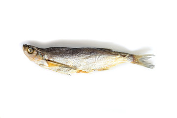 isolated close up top view single dried salted chehon fish on a white background