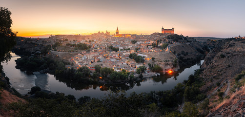 Panorama view from Toledo, capital from spanish region of La Mancha with the famous Alcazar and cathedral.