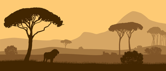 Fototapeta na wymiar Beautiful vector landscape of African savannah with animals during sunset.