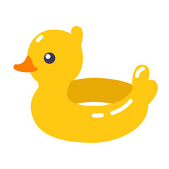 Summer swimming pool float. Inflatable circle (rubber ring, tube) in shape of yellow duck isolated on white.