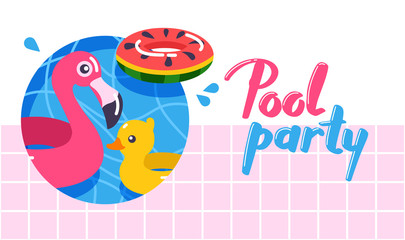 Pool party summertime poster, flyer, banner, invintation. Vector illustration with swimming pool background and inflatable swimming pool rings, tubes, floats in shape of flamingo, duck,  watermelon.