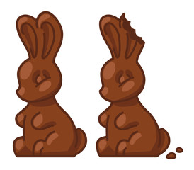 Two chocolate easter bunnies in cartoon style. Brown bitten rabbits.