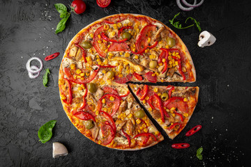 Tasty hot pizza with grilled chicken, corn, olives, tomatoes and cheese . Pizzeria menu. Concept poster for Restaurants