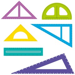 Obraz premium Colorful flat rulers set. School and office stationery measurement tools. Vector illustration.