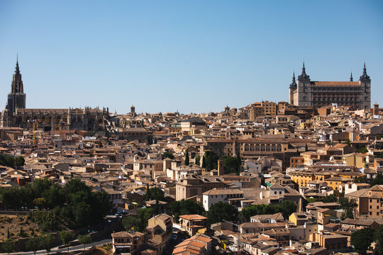 View from the historical centre of Toledo and the famous Alcazar at the top; Spain.