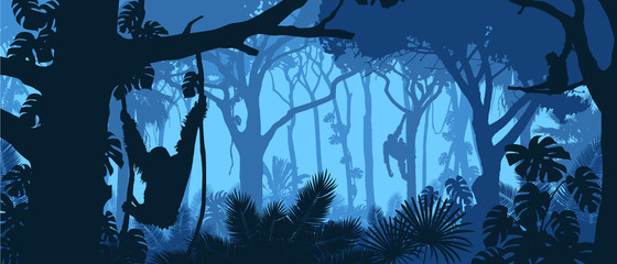Beautiful vector landscape of a rainforest jungle with orangutan monkeys and lush foliage in blue colors. © Jan