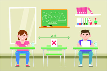 Social distance in New normal Concept in  school,  Boy and girl in Classroom. prevent pandemic of corona virus or COVID-19. 