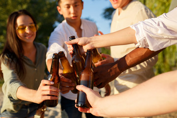Vibes. Group of friends clinking beer glasses during picnic at the beach in sunshine. Lifestyle, friendship, having fun, weekend and resting concept. Looks cheerful, happy, celebrating, festive.