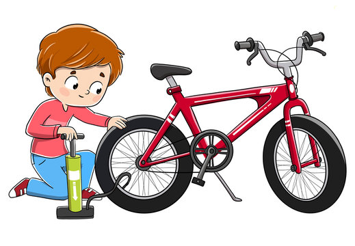 Niño reparando una bicicleta llenando la rueda de aire