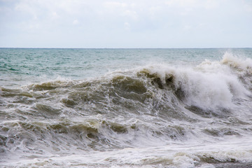 Fototapeta premium Stormy weather, waves and splashes in Batumi, Georgia. Stormy Black sea.