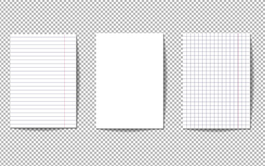 A set of three pages of a notebook. Sheets of paper are white, squared and in a line. Blank white sheets isolated on transparent background. School notebook paper. Realistic vector illustration. EPS