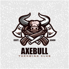 Bull head with axes and knifes, throwing club logo. Design element for company logo, label, emblem, apparel or other merchandise. Scalable and editable Vector illustration.