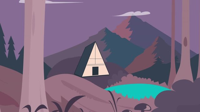 House drawn illustration in the forest with mountains behind, forest lake and trees scenery - realty and countryside style of life animated flat illustration for website. Moving pictures 