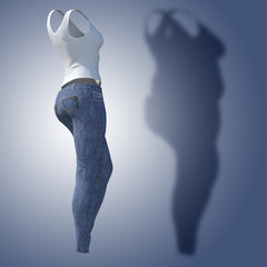 Conceptual fat overweight obese shadow female jeans undershirt vs slim fit healthy body after weight loss or diet thin young woman on blue. Fitness, nutrition or obesity health shape 3D illustration