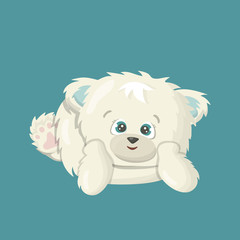 white polar smiling happy bear is lying on the floor cartoon vector art illustration on blue background