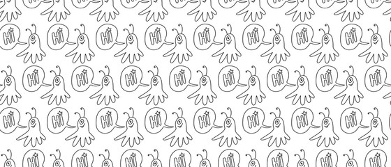 Vector seamless childish pattern with cute outline monsters aliens, space doodles. Background and texture for fabric, wrapping, wallpaper, textile, apparel, cover, coloring book