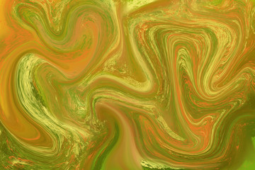 Orange green liquid paint abstraction. Marbled texture for autumn seasonal graphic design. Olive green and yellow digital illustration. Abstract floating paint ornament. Natural palette texture