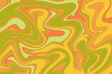 Orange green liquid paint abstraction. Liquify texture for autumn seasonal graphic design. Olive green and yellow digital illustration. Abstract floating paint ornament. Natural palette texture