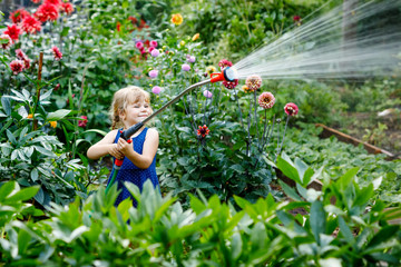 Beautiful little toddler girl watering garden flowers with water hose on summer day. Happy child...