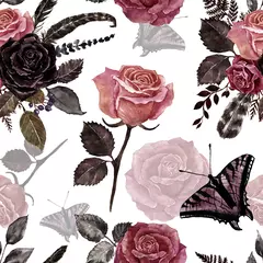 Wall murals Roses Victorian vintage style seamless pattern with watercolor red and burgundy roses, butterfly, feathers on white background. Romantic floral retro print.