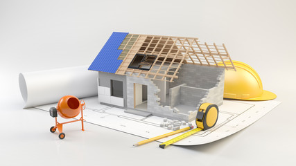 House construction concept - house build model with tools on plans. 3D illustration
