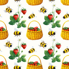 Bees fly over the strawberry crop. Cute seamless pattern with watercolor illustrations on a white background. Stock print with insects and berries in a basket