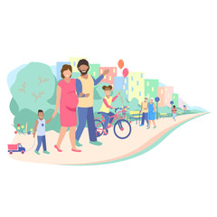 Fototapeta premium The family is walking in the city park. Children and parents, old people and young people lead an active lifestyle. City life vector illustration.